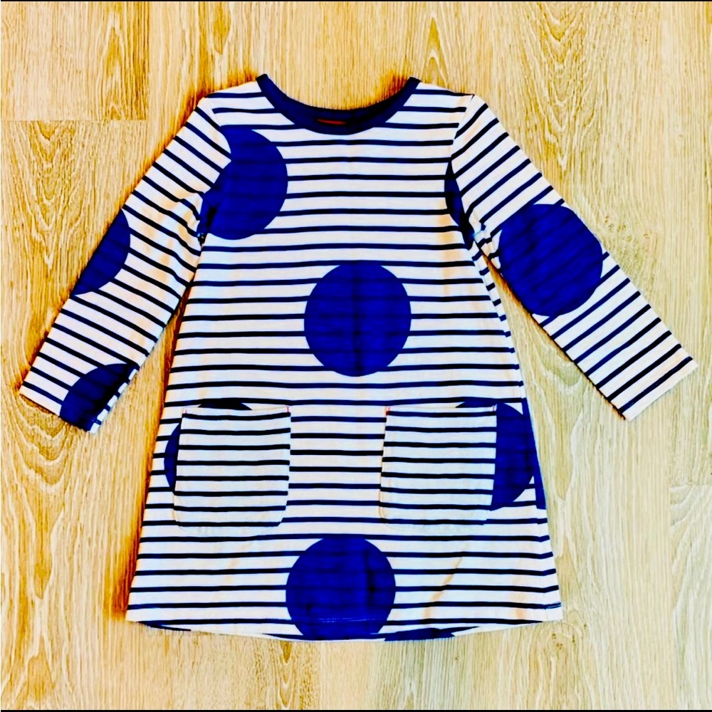 NEW Without Tags Mini Boden Girls Long Sleeve Stripe Polka Dot Dress Size 6-7Y
